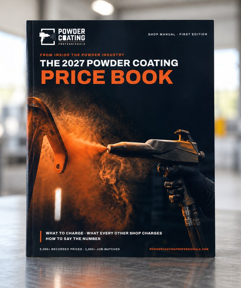 The 2027 Powder Coating Price Book standing on a steel workbench in a powder coating shop